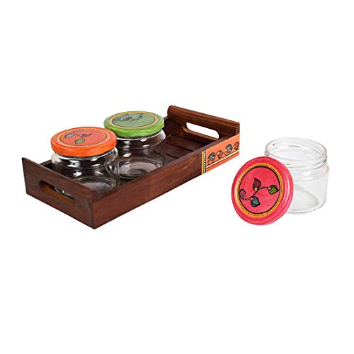 Image of AAKRITI ART CREATIONS Tray in Wood with 3 Glass Jars | Madhubani Art Lids | Set of 4 | Natural Brown, Matte Finish | Kitchen & Dining Table Decorative Storage | Glass Container for snacks