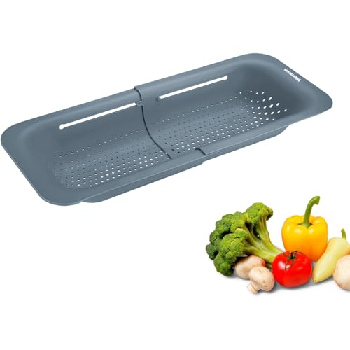 Westmark Scolapasta per lavello – Scolapasta estensibile per scolare frutta, verdura e piatti – Pratico vassoio antigoccia – Grigio, 36-49 cm