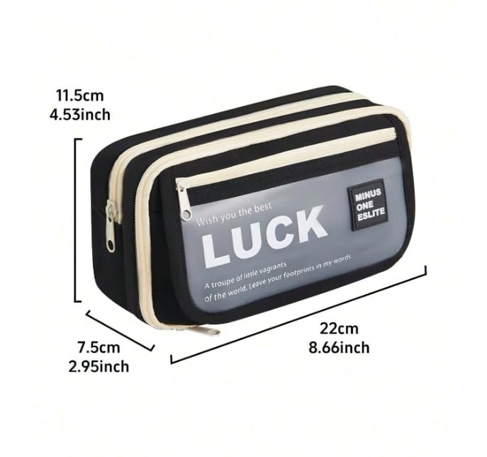 Image of Big Capacity 9-Layer Canvas Pencil Pouch for Boys & Girls, Multifunctional Visual Pouch for Stationery, Cosmetics, Accessories, College Essentials for Students, and Children's Gift (LUCK-Black color)