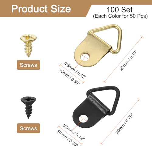 Image of uxcell 100Pcs Picture Hangers, Triangle Ring Picture Frame Hook, Frame Backing Fasteners with 100 Pcs Screws for Hanging Clock Paintings Pictures, Gold /Balck