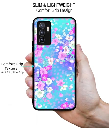 Image of Floral Blue Pattern Design Premium 2D Printed Metal Back Case Cover for Vivo V23E 5G / Y75 4G