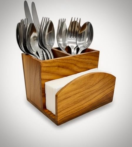 Image of Wooden Brown Dining Table Organizer - Cutlery Holder with Tissue Paper Stand | Spoon, Fork & Napkin Holder for Kitchen & Table | 15 x 10 x 12.5 cm