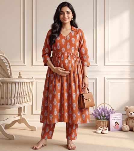 Image of DUMMY SHAPE Maternity Dresses for Women Cotton | Floral Kurta Pant Dupatta Set with Nursing Zippers, Side Pocket | Pre & Post Pregnancy | Feeding Kurti Suit | Baby Shower | Gifts for Pregnant Woman