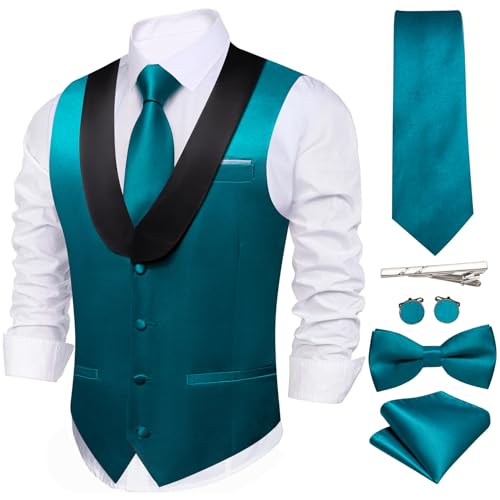 Barry.Wang Herren-Anzugweste, Schalkragen, schmale Passform, leger, Business-Weste, Krawatte, Fliege, Set, 6-teilig, für Hochzeit, Abschlussball, petrol, XX-Large