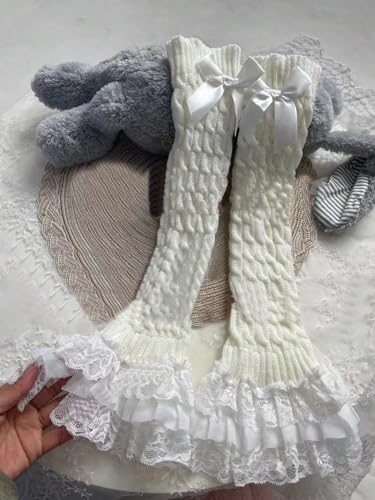 Image of RoseSeek Women's 1 Pair Y2K Bow Front Lace Trim Leg Warmers Ribbed Knit Over Knee Pile Leg Warmers Long Socks