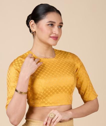 Image of Studio Shringaar Women Brocade Silky Jewel Neck Readymade Elbow Length Sleeve Saree Blouse