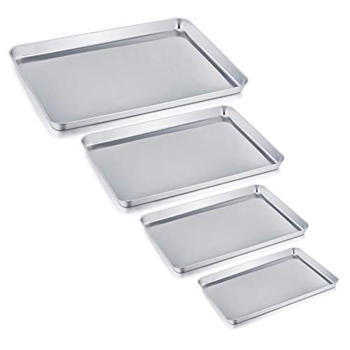Baking Tray Set of 4, Stainless Steel Baking Sheet Pan Professional, Ideal for Cookie Pizza and Roasting, Non Toxic & Healthy, Mirror Finish & Dishwasher Safe