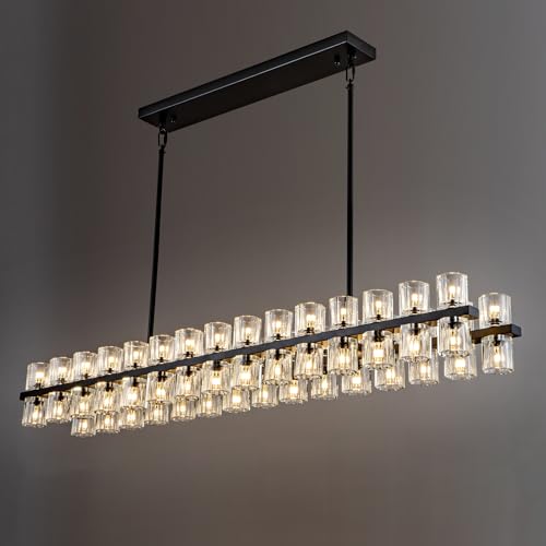 Image of Crystal Black Rectangular Chandelier Light Fixture,54 in Dining Room Chandeliers Over Table,Modern Chandeliers For Living Room,Arcachon Chandelier,Kitchen Island Chandeliers Includes 60xG4 Bulbs