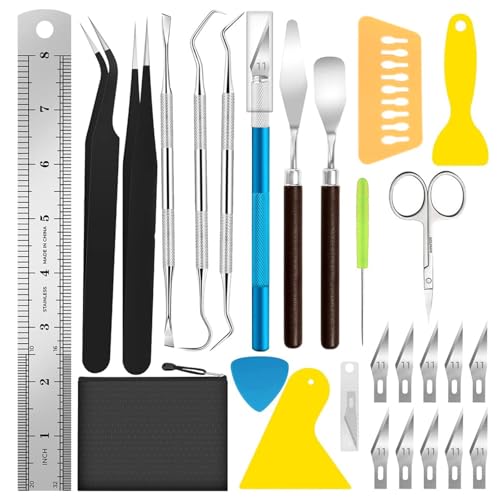 Dulynva Juego de 26 Herramientas de Vinilo para deshierbar de Acero Inoxidable para Manualidades Kit de Herramientas Modelismo para Crear Siluetas, HTV, Cameos, Letras, Incluye Pinzas, Tijera