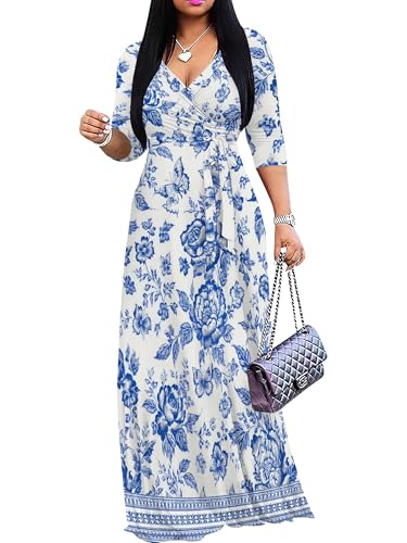 Image of Plus Size Maxi Dress for Women V Neck 3 /4 Sleeve Wrap Dress