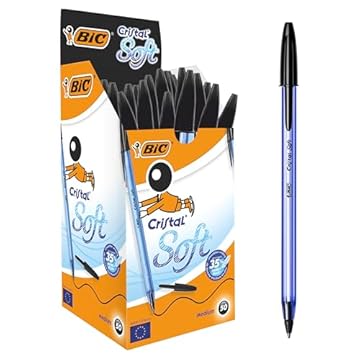 BIC Penne Nere a Sfera, Cristal Soft, Punta Media (1.2 mm), Confezione da 50, Fornitura Cancelleria Scuola e Ufficio