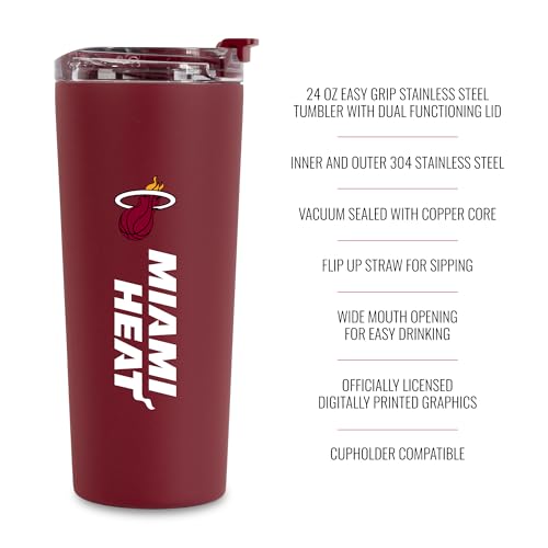 Image of Rico Industries NBA Basketball Miami Heat Maroon 24oz Stainless Steel Tumbler with Lid and Dual Functioning Lid