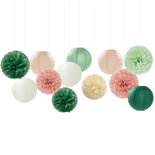 Image of Sage-Green Pink Party-Decorations Paper-Flowers Lanterns - 15PCS Birthday Boho Rustic Tissue Pom Poms Streamers,Baby Shower Neutral Wedding Graduation Bridal Safari Hanging Supplies Decor Hugfond
