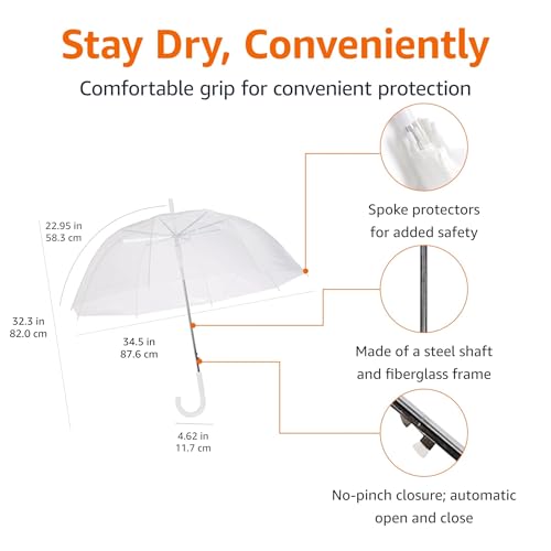 Amazon Basics Clear Umbrella for Rain, Round Bubble Umbrella for Wedding, With Wide Coverage (35" Canopy Diameter), Auto Open, Strong Fiberglass Frame, Steel Shaft, Spoke Protectors for Safety - Image 3