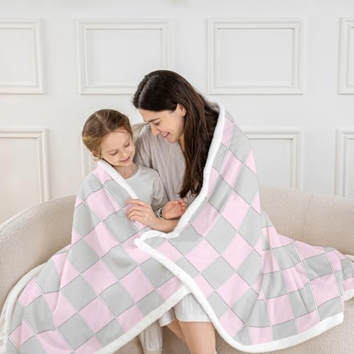Image of Erosebridal Initial Letter E Fuzzy Plush Throw Pink and White Checkered Fleece Blanket Cute Monogram Plaid Sherpa Blanket for Kids Girls Women,Kawaii Gingham Grids Decor for Bed Couch Queen 90 inchx90 inch