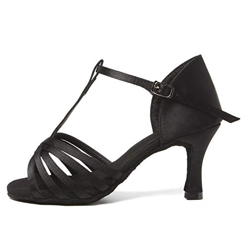 SWDZM Latin Dance Shoes for Women Satin Open Toe Suede Sole Professional Ballroom Salsa Chacha Practice Performance Dance Shoes Model-331 Black 8 US