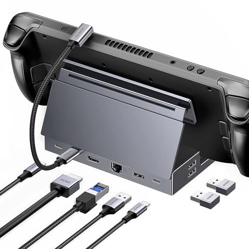 UGREEN Steam Deck Dock, 9 en 1 Hub USB C Soporte Ajustable con HDMI 4K 60Hz, 1000M Ethernet, USB A y C 3.2, Lector de Tarjetas TF SD, 100W Carga Compatible con Steam Deck, Switch, ROG Ally, Legion Go