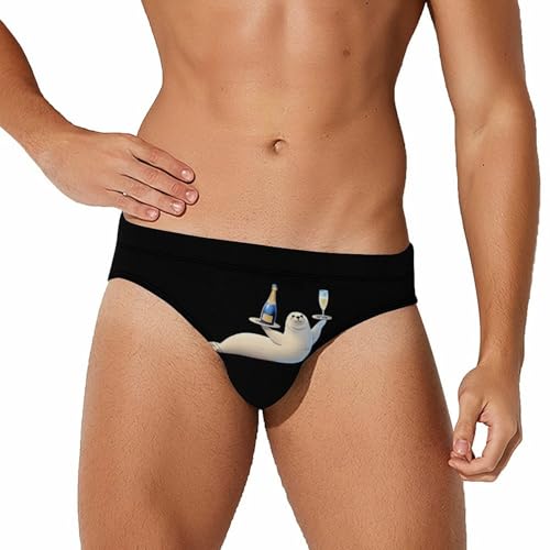 Cute Seal and Champagne Novelty Men's Swimming Brief Swimwear Pants Trunks Beach Shorts Underwear