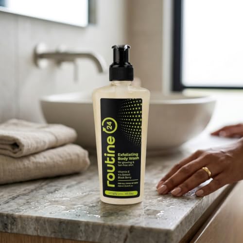 Image of Routine 24 Exfoliating Body Wash for Glowing & Tan-Free Skin 250ml | Vitamin E & Iris Extract, Blackberry Infused, All Skin Types, Daily Cleanser, Pump Dispenser