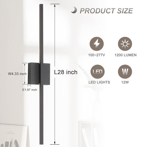 Image of Wall Sconces Set of Two, Black Modern Wall Sconce Light for Bathroom, Living Room, Bedroom, Hardwired 3000K 28''