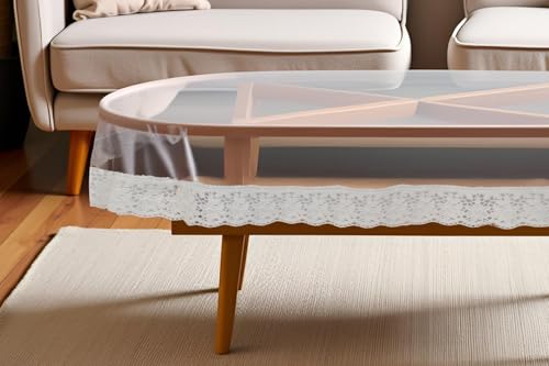 Image of The Furnishing Tree Oval Shaped Transparent Center Table Cover WxL 45x70 inches 0.25 mm Thickness with White Lace