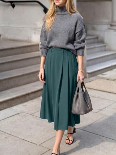 Image of Casly Lamiit A-Line Midi Skirts for Women Business Skirt | Elastic High Waisted, Pleated with Pockets, Work Skirts Casual