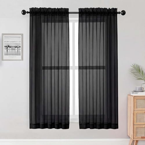 Image of OWENIE Black Sheer Curtains 68 Inch Length 2 Panels Set for Bedroom Living Room, Light Filtering Voile Sheer Curtains, Airy Rod Pocket Farmhouse Curtain, Black, Each 42Wx68L inch