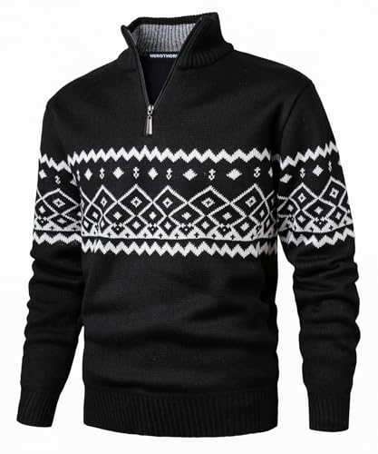 Herothorn Heren fleece trui met opstaande kraag en ritssluiting microfleece sweatshirt 1/4 rits lange mouwen lichte coltrui gebreide trui grof gebreid verdikte rolkraag, zwart, M