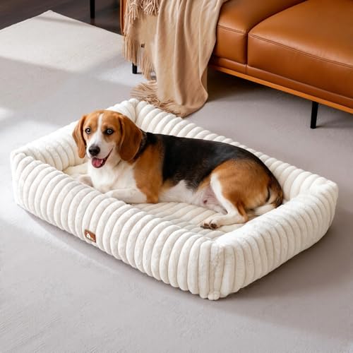 Upvilla Luxusweicher Hundekorb Super Weiches hundebett Grosse Hunde 4-seitiges Nackenkissen Abnehmbare Waschbare Hundematte Hundesofa mit Griffen Haustierbett (Beige 92 * 69 * 20cm)