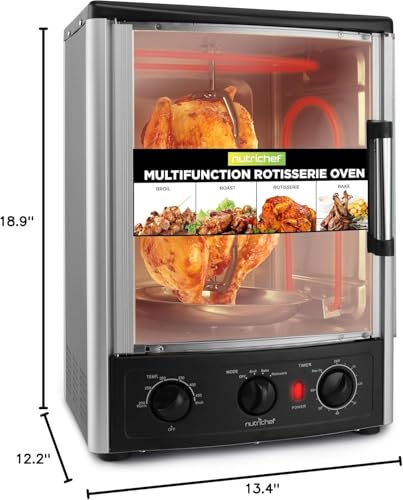 Image of Nutrichef Vertical Countertop Oven with Rotisserie, Bake, Broil, & Kebab Rack Functions - Adjustable Settings - 2 Shelves - 1500W - Thanksgiving Turkey - Includes Grill, Kebab skewer racks & bake pan