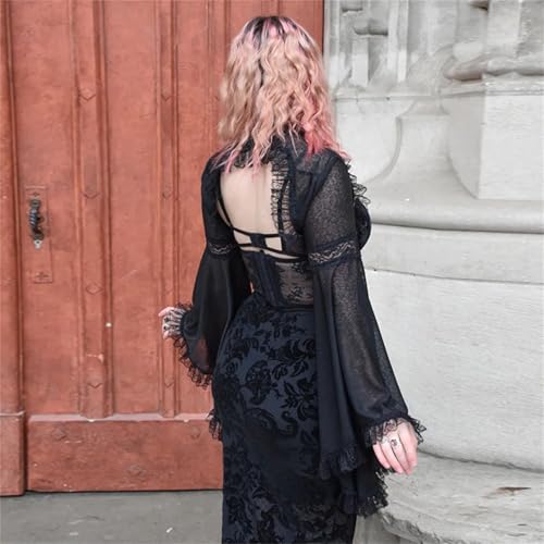 Image of Women Gothic Crop Top Shirt Y2K Black Bell Sleeve Shawl Cardigan