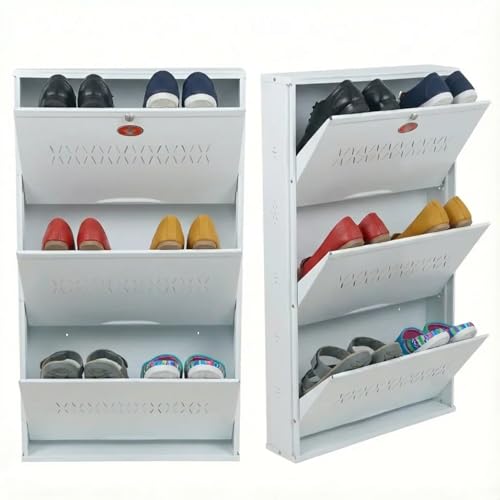 Image of Skywave Luxury Wall Mounted Metal Shoe Rack for Home - 3 Shelf, Holds Up to 25 Pair | Central Locking Shoe Cabinet | Space Saving | Heavy Duty Steel | 3 Year Warranty(Ivory White, 21 Inches)