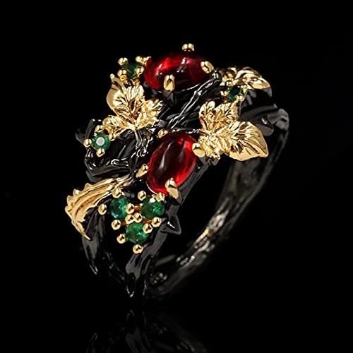 CXWK Exquis Feuille Fleur Couleur Zircon Dames Femmes Bague Bijoux Or Noir Bicolore Rouge Zircon Bague Dames Bague