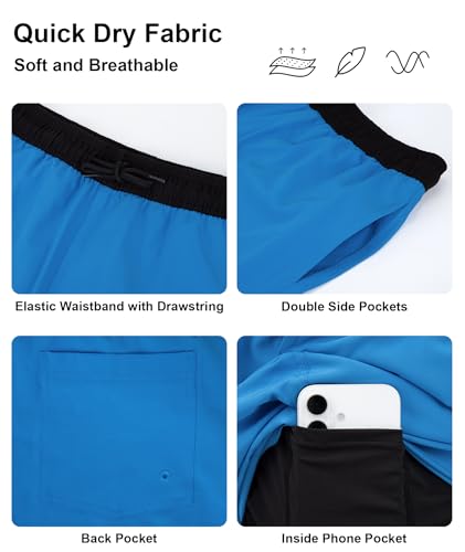 Image of Mens Swim Trunks with Compression Liner 2 in 1 Quick Dry Swimming Shorts Swimwear Bathing Suits with Pockets, A Mix Light Blue, M