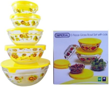 Imperial 5 Pcs Glass Nested Dipping or Storage Bowls with Yellow Sunflower Design and Yellow Lid