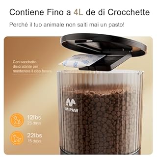 IMIPAW Distributore Automatico Cibo Gatti, Controllato da APP, 2.4G | 5G WiFi Alimentazione a Distanza, 10 Pasti al Giorno, 4L Dispenser Cibo Secco per Animali Di Piccola e Media Taglia (Nero, 4L)