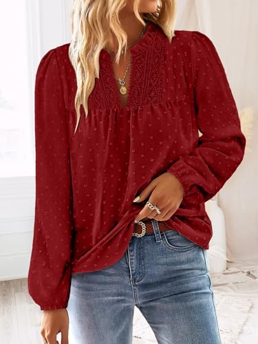 BETTE BOUTIK Women Boho Long Sleeve Shirts Dressy Casual V Neck Fall Fashion Tops Swiss Dot Flowy Blouses