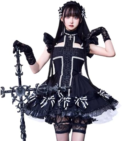 [Malymoon] コスプレ メイド ウエイトレス 家政婦 レッド ブラック 赤 黒 ダーク 十字架 リボン 衣装 仮装 マリームーン 6点セット THEODOL 10235 詳細画像1