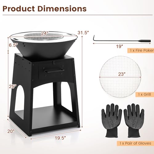 Image of Tangkula Outdoor Fire Pit with Storage, Patio Wood Burning Fireplace with Grill & Ash Box, Spacious Bottom Storage Compartment, Fire Poker & Gloves Included, Multifunctional Fire Pit for BBQ, Bonfire