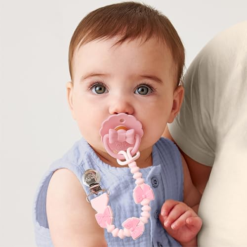 Image of Itzy Ritzy Silicone Pacifier Clip - 100% Food Grade Silicone Pacifier Strap with Clip Keeps Pacifiers, Teethers & Small Toys in Place - Features One-Piece Design & Cord (Pink Bows)