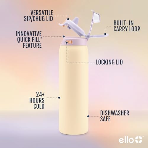 Image of Ello Pop & Fill Insulated Stainless Steel Water Bottle with Quick Fill Lid, Leakproof Locking, Sip or Chug Spout, BPA-Free, Double Wall Vacuum Insulated for Sports, Travel & School- 22oz / 32oz / 40oz