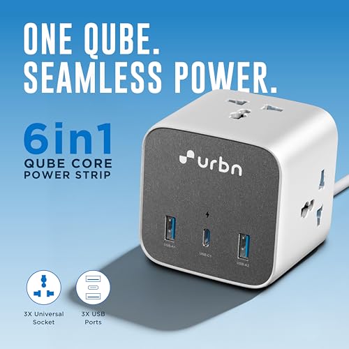 Image of URBN 6-in-1 Qube Core Power Strip | 3 Universal Sockets (2500W) + 3 USB Ports (20W PD) | Fast Charging | Heavy Duty 2m Power Cord | Surge Protection | 1 Year Warranty (White)