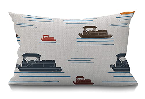 Smooffly Boat Decorative Pillow Cover,Pontoon Boat Lake Beach Canopy Dock Watercraft Blue Brown Waist Lumbar Cotton Linen Throw Pillow Case Cushion Cover For Sofa Home Decorative Oblong 12X20 Inches #TOP14