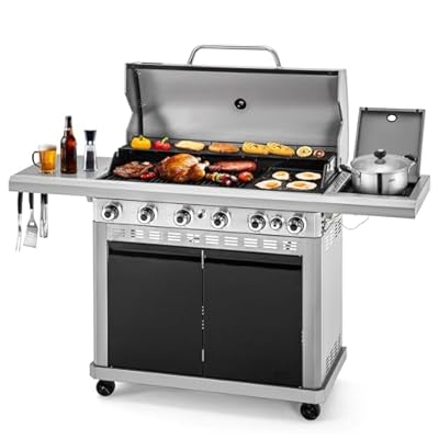 MFSTUDIO 7 Burner BBQ Gas Propane Grill with Searing Side Burner, Porcelain-Enameled Cast Iron Grates and Dual-Side Griddle Combo for Outdoor Barbecue Cooking