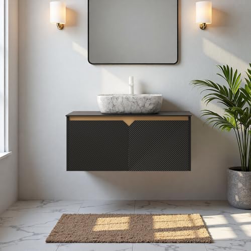 Image of Floating Bathroom Vanity with Sink, 36 inch Bathroom Storage Cabinet with Sintered Stone Countertop & Marble-Pattern Ceramic Basin, Wall-Mounted Vanity with 2 Twill Pattern Doors, Black