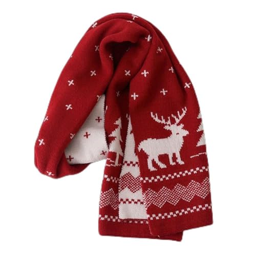 Winter Women Warm Scarf, Unisex Christmas Reindeer Snowflake Scarf, Fall Winter Warm Knit Long Scarf (Red)