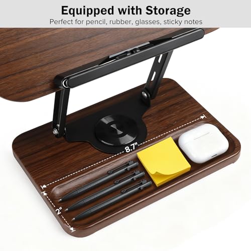 Image of Book Stand with Light & Storage, Book Holders for Reading Hands Free, Wooden Cookbook Stand with Adjustable Height & 360 Angle for Recipe,Magazine,Laptop,Tablet, Bible