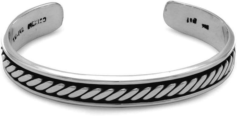 JewelryWeb 925 Sterling Silver Oxidized Mens 10mm Cuff Bracelet With Rope Design Cuff Bracelet for Men
