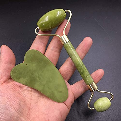 THE PURE NEST Jade Roller & Gua Sha Set Face Roller Anti-Aging Facial Natural Green Jade Beauty Massager Tool Skin Care Tool for Face Neck Eye to Reduce Wrinkles and Relax Body Muscles 3