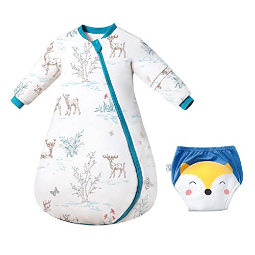 BABY COOING Baby Sleeping Bag, 2.5 Tog Sleeping Bag for Baby, Wearable Blanket with Potty Training Pant, 100% Organic Cotton, Detachable Sleeves, 2-Way Zipper, Suitable for 6-18 Months (Blue, Medium)